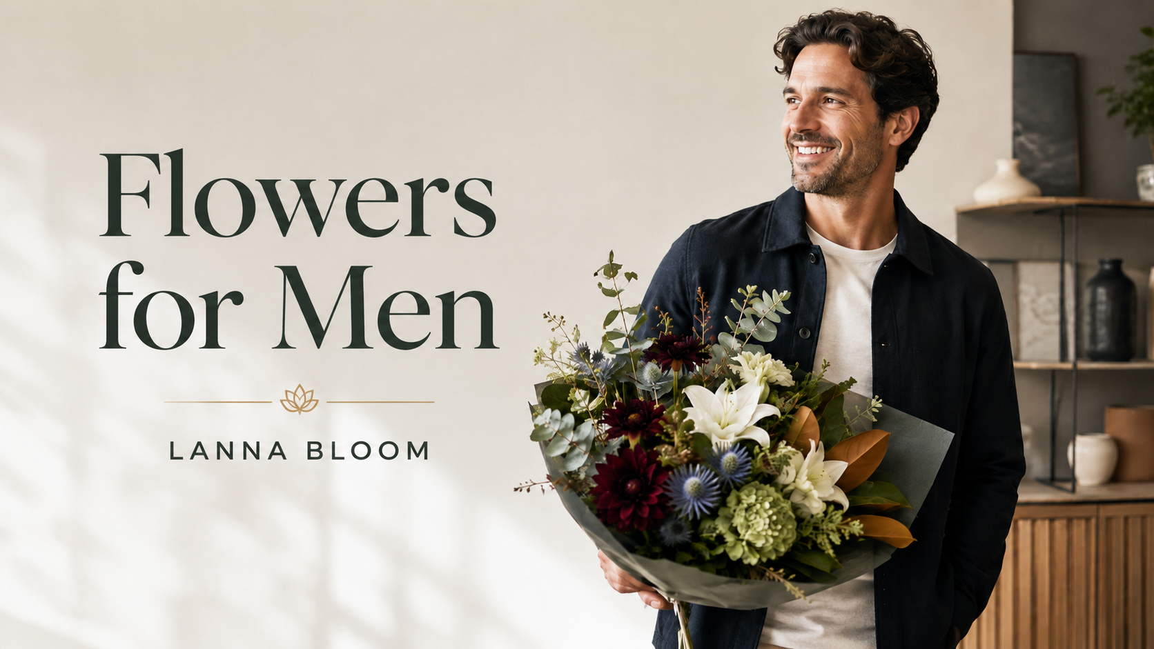 Smiling man holding a dark-wrapped mixed bouquet with white lilies and deep burgundy blooms, Flowers for Men by Lanna Bloom