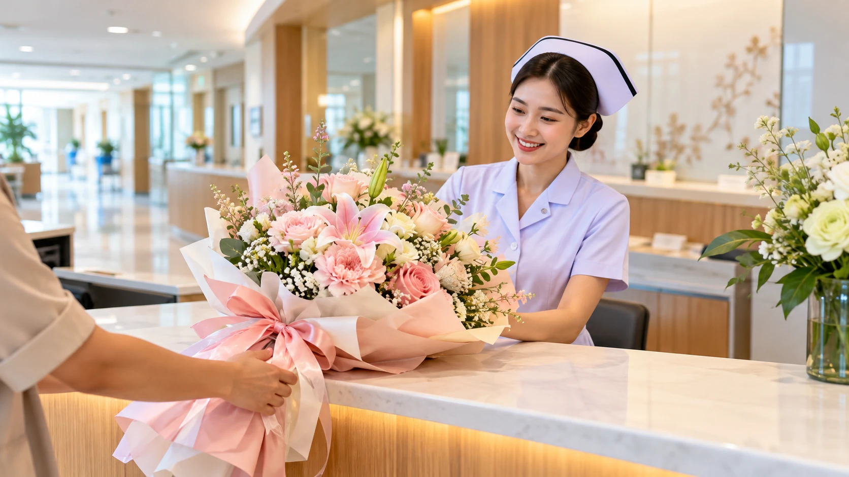 Pink bouquet being handed to a smiling nurse at a hospital reception counter