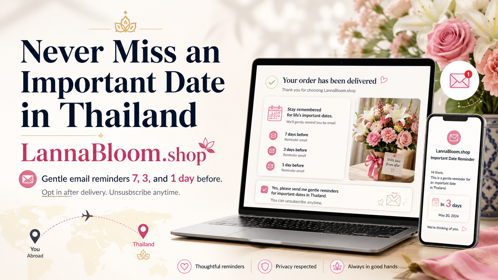 Laptop and phone showing Lanna Bloom important-date email reminders, with pink roses, white lilies, and a map from abroad to Thailand