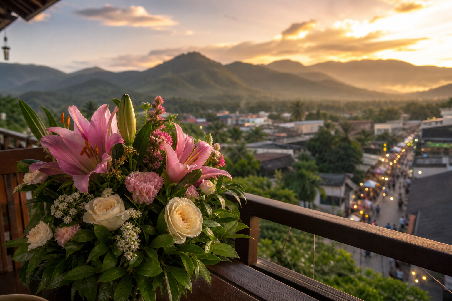 Pink lily and cream rose bouquet on a wooden guesthouse balcony overlooking misty Pai mountains at golden hour, for flower delivery in Pai, Thailand