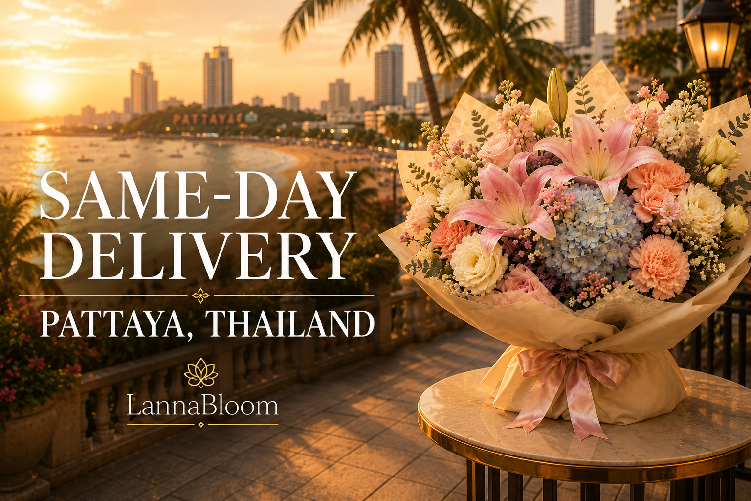 Pink lily and hydrangea bouquet on a balcony overlooking Pattaya Bay at sunset, for same-day flower delivery in Pattaya, Thailand