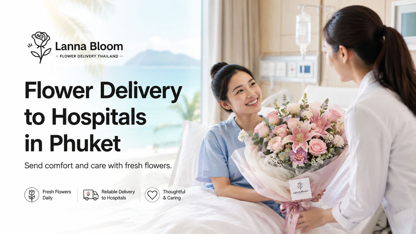 Pink lily and rose bouquet handed to a patient in a Phuket hospital room overlooking the sea, for flower delivery to hospitals in Phuket