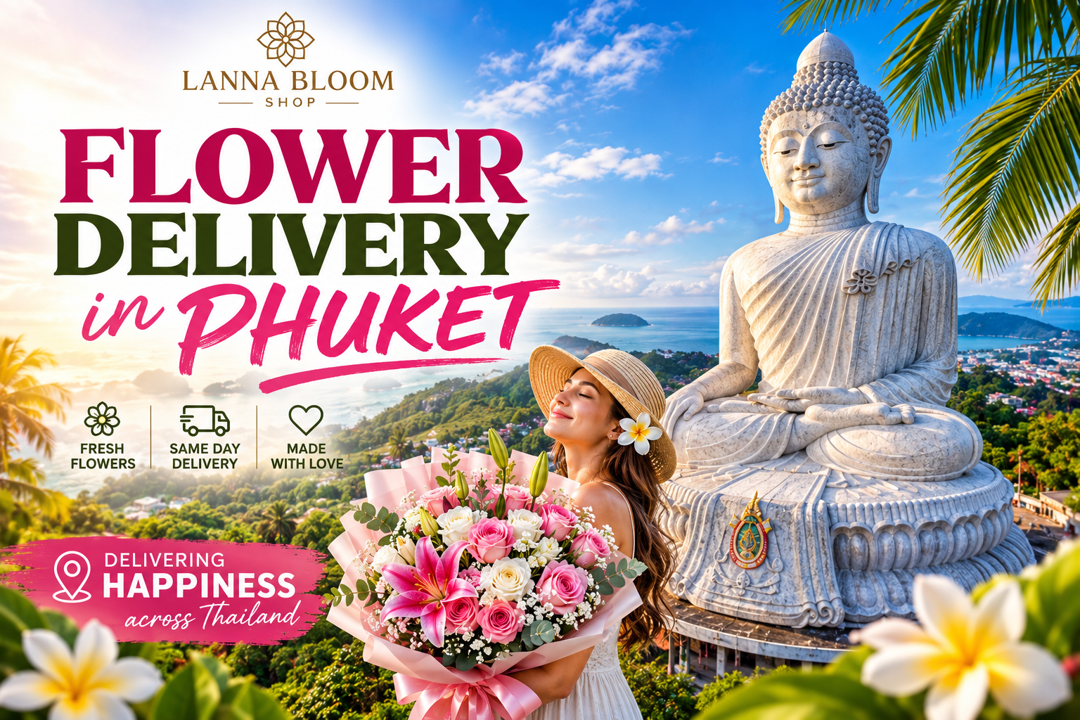 Woman in a straw hat holding a pink and white rose and lily bouquet in front of Phuket’s Big Buddha and the Andaman Sea, for flower delivery in Phuket, Thailand