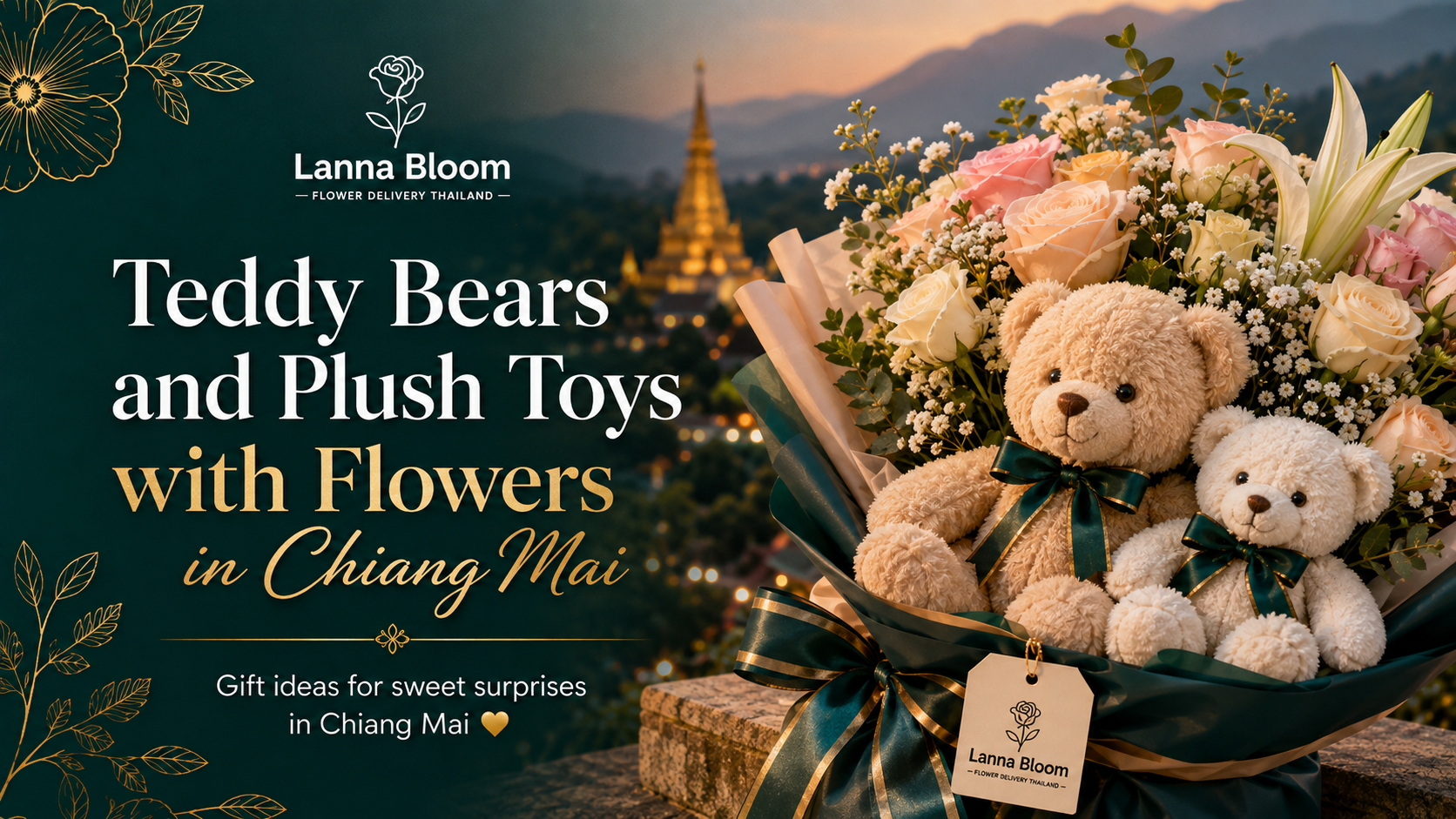 ตุ๊กตาหมีในช่อกุหลาบโทนพีช ของเล่นนุ่มคู่ดอกไม้ Lanna Bloom ในเชียงใหม่